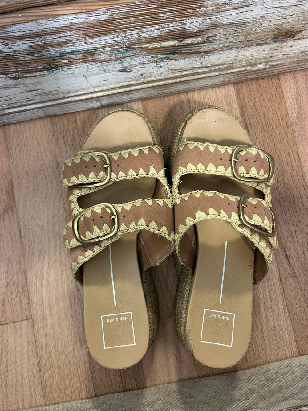 Dolce Vita Tan & Yellow Double-Buckle Braided Slide Sandals